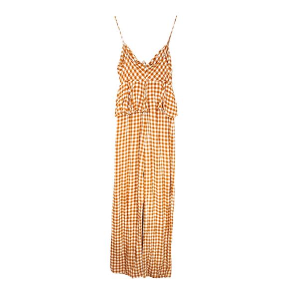 Saylor Laken Gingham Jumpsuit Sleeveless Ruffle Peplum Apricot Womens Size Small - Picture 4 of 10